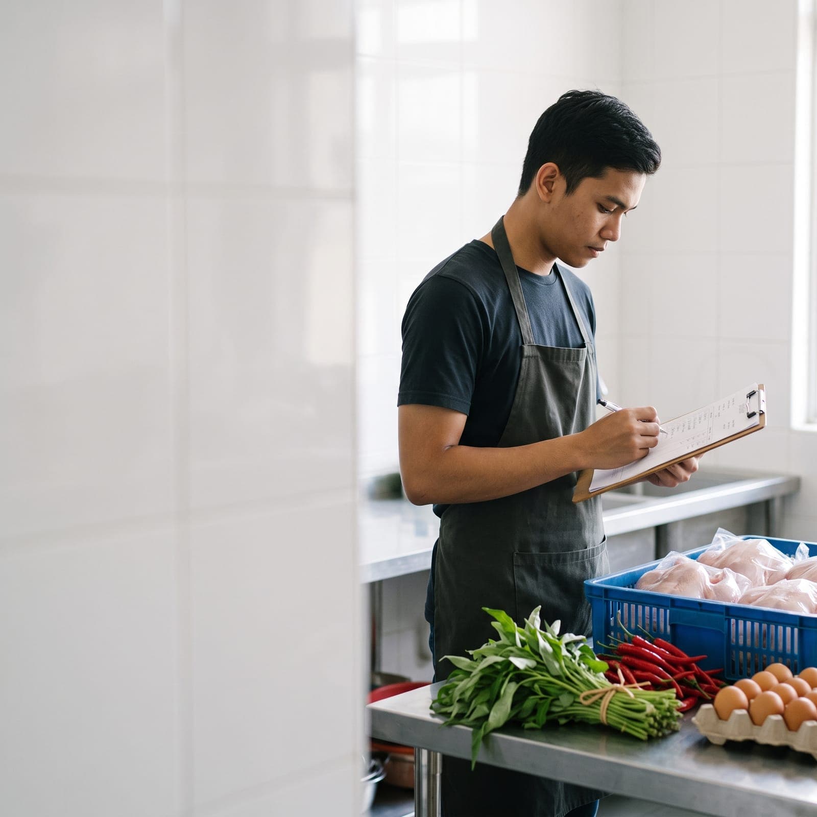 Pekerja dapur menulis pada invois kertas di atas papan klip, di sebelah raga ayam, cili, kangkung dan telur