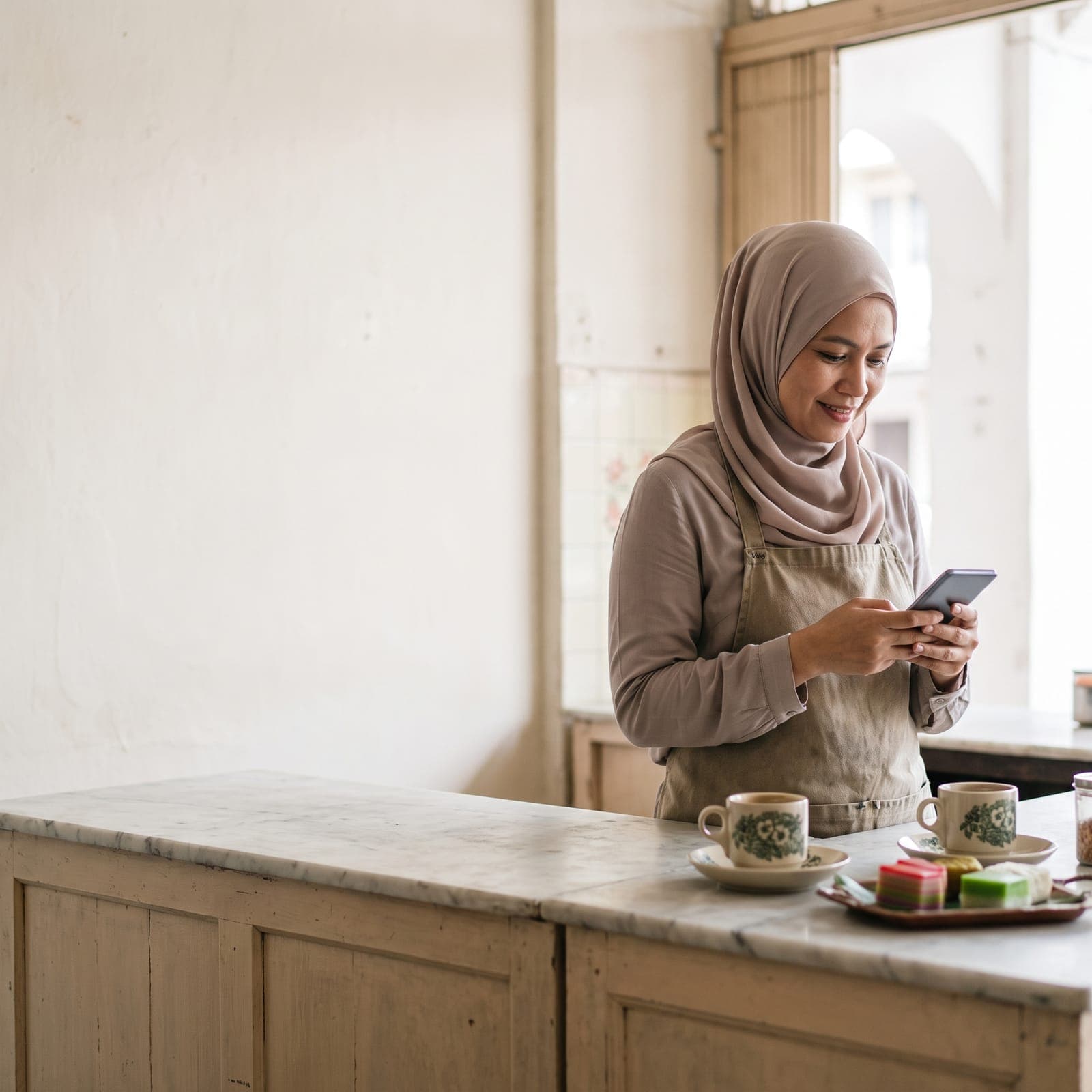 Pemilik kopitiam bertudung dan berapron tersenyum melihat telefonnya di kaunter marmar, dengan dua cawan kopi dan kuih